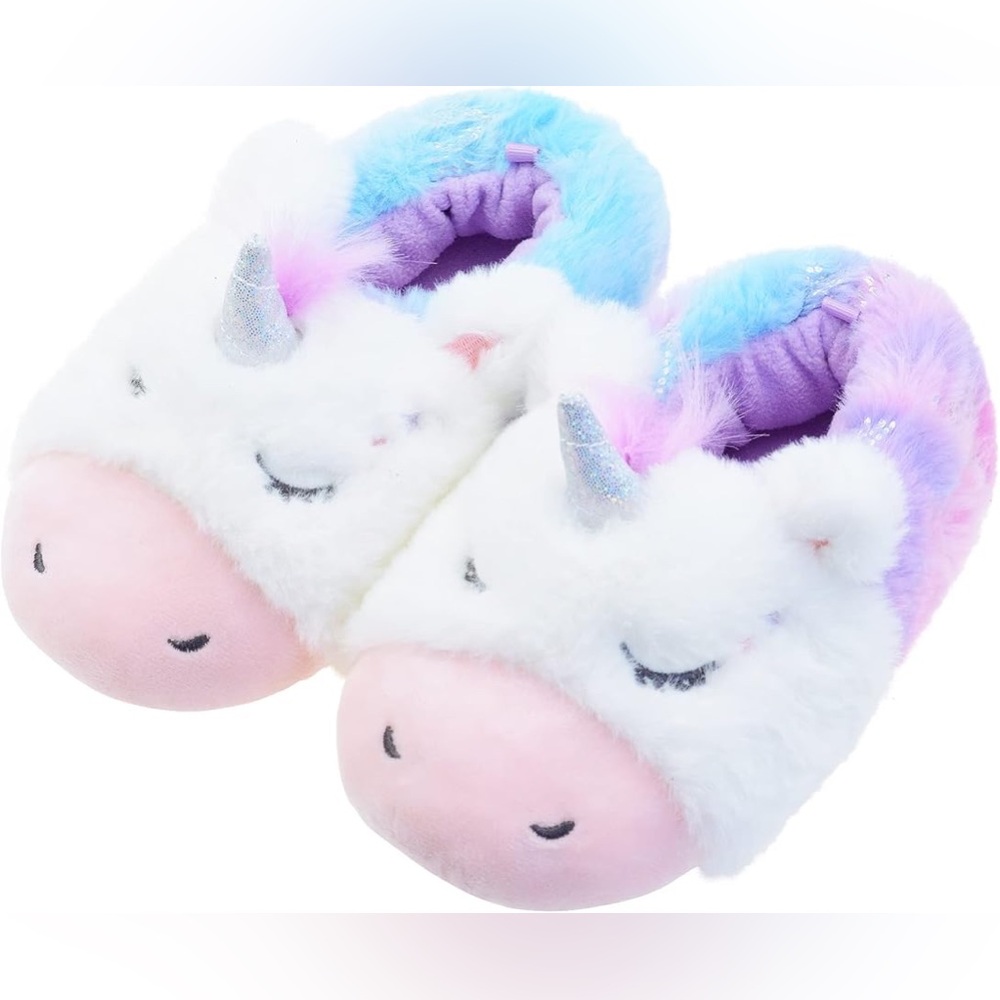 Fuzzy Unicorn Kids Slippers Glitter Tie Dye Rainbow Girls Cozy Shoe